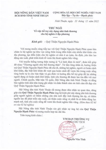Thư ngỏ hỗ trợ xây dựng nhà tình thương cho hộ nghèo ở Ninh Thuận